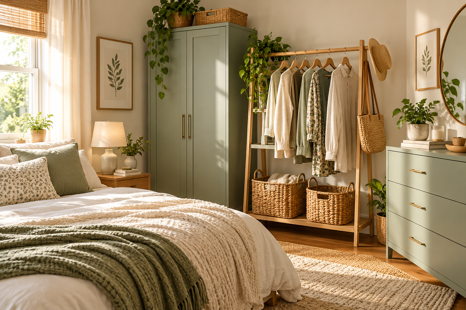 Bedroom with freestanding clothing rack, sage wardrobe and woven storage baskets