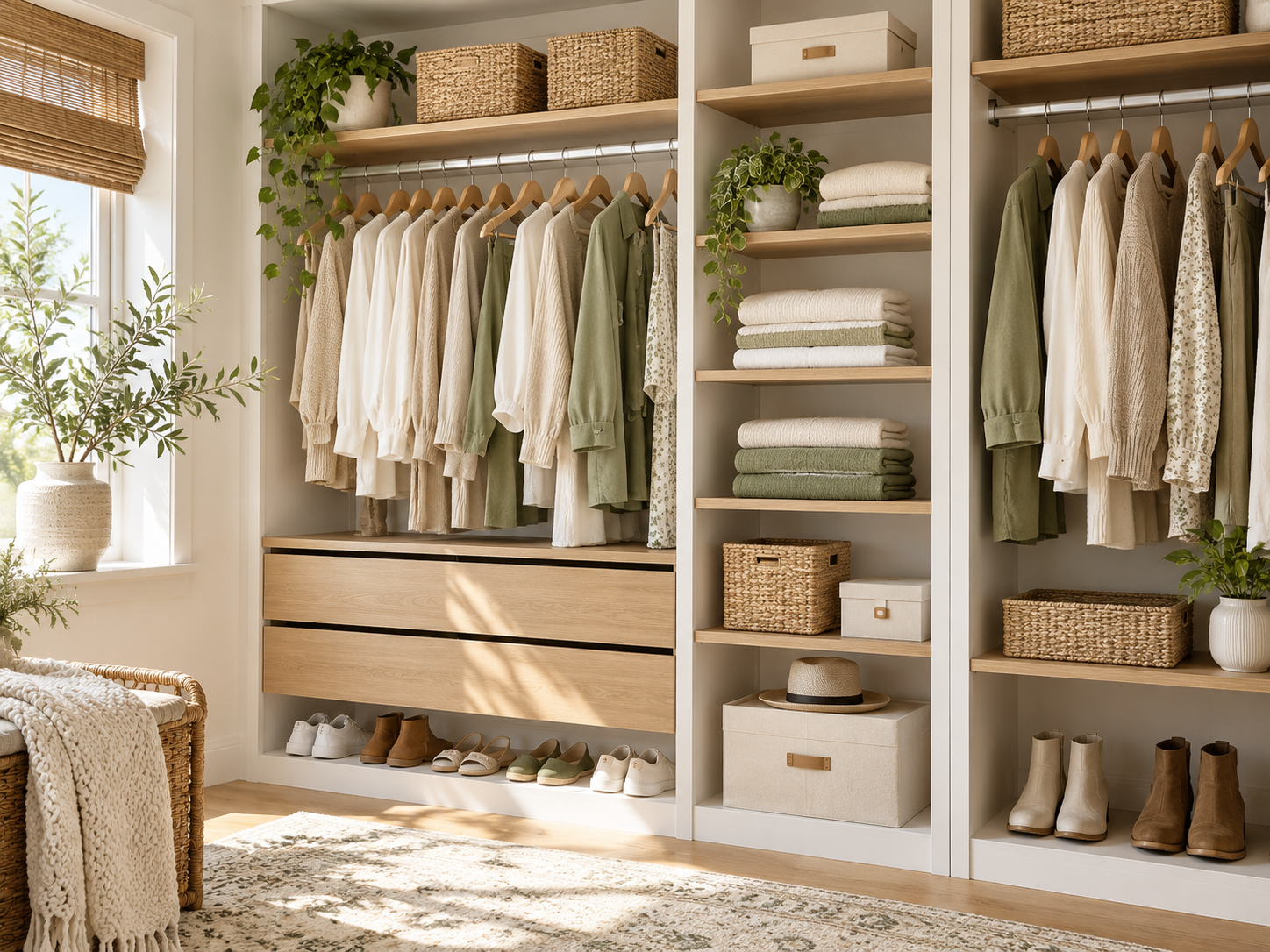 Organized closet with neutral clothes, folded linens, shoes and woven baskets
