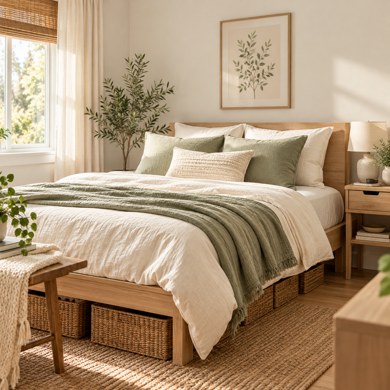 Small bedroom with under-bed woven baskets and sage green bedding