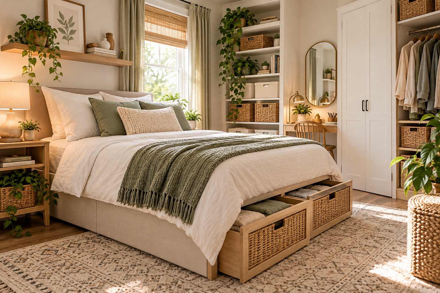 Small bedroom storage ideas with a storage bed, woven baskets, sage green bedding, open shelves, and compact wardrobe